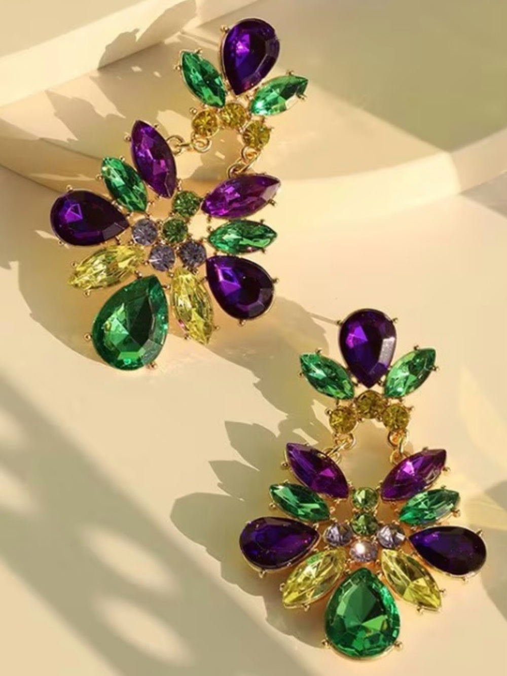 Purple Green Gold Statement Dangle Earrings New Orleans Cocktail Jewelry